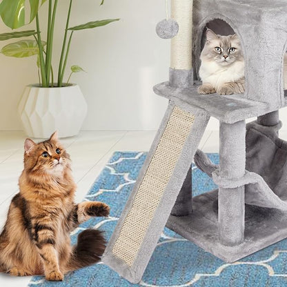 MIAO PAW Grey Cute Cat Tree for Indoor Cat Tower with Scratching Post Modern Activity House Hammock Hanging Ball Condo with Board