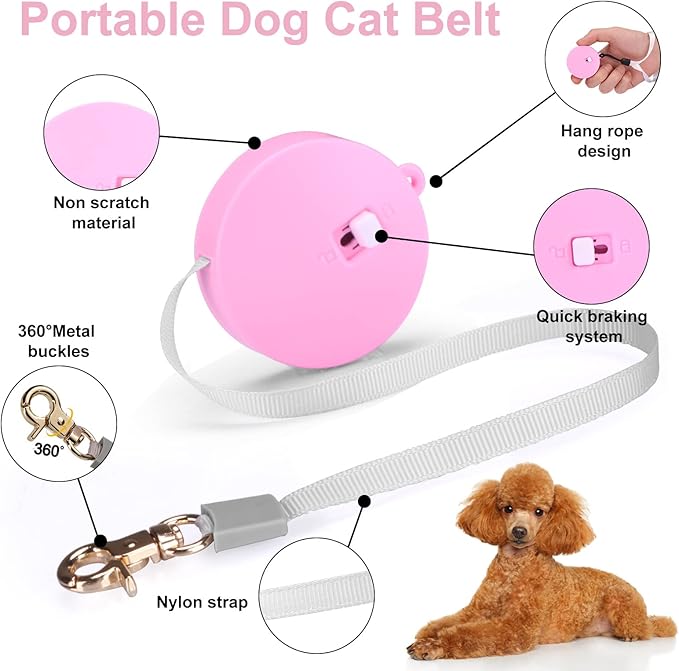 Retractable Dog Leash for Small Dogs Cats up to 11lbs with 6.5ft Anti-Pull Strong Nylon Tape, Hands Free, Mini and Portable Walking Leash with Wrist Strap, One-Hand Brake, Pink Round