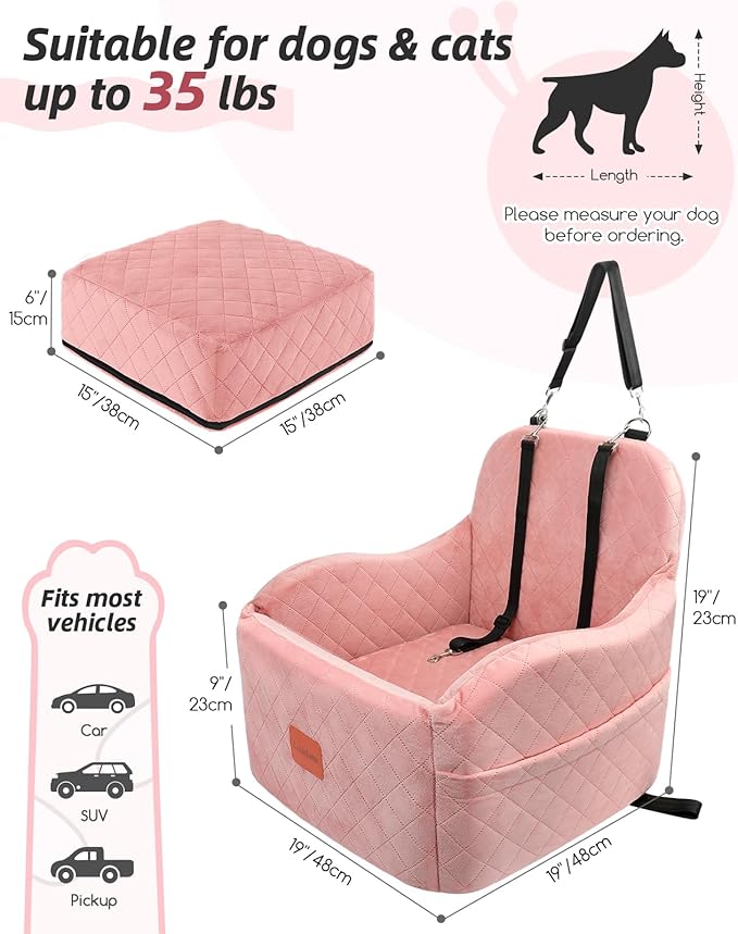 Lealchum Dog Booster Car Seat for Small/Medium Dogs,Soft Puppy Portable Car Seat with Elevated Cushion,Fits in Front/Back Seat,Fully Detachable and Washable,Easy to Install (Pink, Medium)
