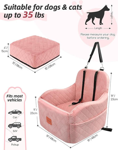 Lealchum Dog Booster Car Seat for Small/Medium Dogs,Soft Puppy Portable Car Seat with Elevated Cushion,Fits in Front/Back Seat,Fully Detachable and Washable,Easy to Install (Pink, Medium)