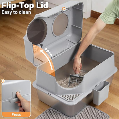 Stainless Steel Cat Litter Box with Lid,3IN1 Metal Litter Box High Sides for Big/Multiple Cats,Indoor,1-Mat and 1-Scoop,Easy to Clean, No Odor,Anti-Urine Leakage