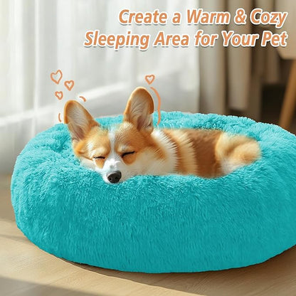 JOLLYVOGUE Calming Dog Beds Large Sized Dog, 36in Donut Washable Large Pet Bed, Anti-Slip & Anti-Anxiety Fluffy Faux Fur Round Dogs Bed, Fits up to 80 lbs Pets (Aqua Blue)