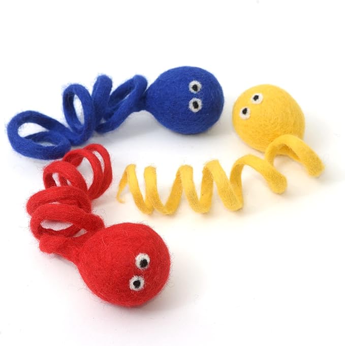 Glaciart One Felt Spring Cat Toy – 3 Pcs Soft Fuzzy Enrichment 100% Natural Wool - Interactive Stretchable Play Set - Safe for Pets, Non-AZO Colored Dyes - 4” Long