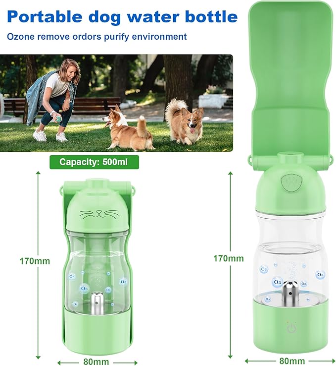 Portable Dog Water Bottle Active Oxygen Puppy Water Bowl & Dispenser for Travel, Improves Taste and Boosts Immunity for Pet Health Care Water Bottle (A-013B-Green)