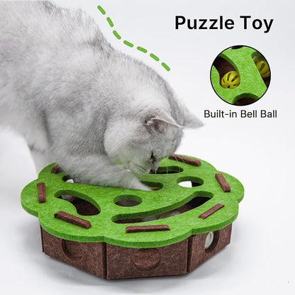Cat Puzzle Toy with 3 Track Balls, Flower-Shaped Play Box for Indoor Kittens Interactive Treat Feeding, Fun Maze Game for Indoor Cats Boredom Relief & Exercise (Green/Brown)
