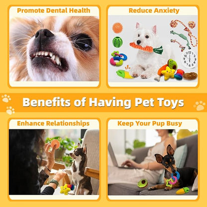 Puppy Teething Toys 15 Pack - Squeaky Dog Toys Plush, Dog Rope Toy, Treat Ball, Puppy Chew Toy for Teething, Entertainment, Training & Interaction