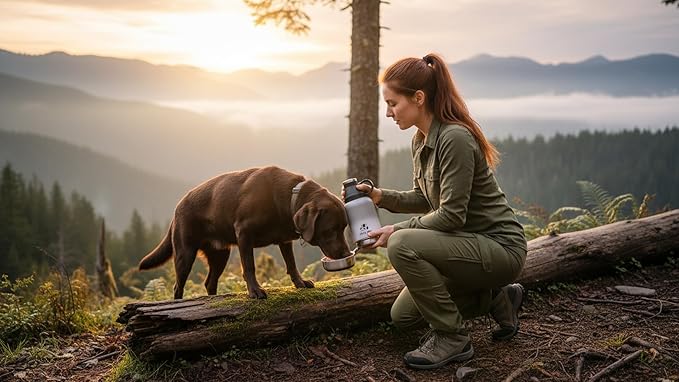 Petty Paw Dog Travel Water Bottle 32 oz Portable Stainless Steel Pet Water Bottle with Detachable Bowl for Dogs Leak Proof for Walking, Hiking, Camping