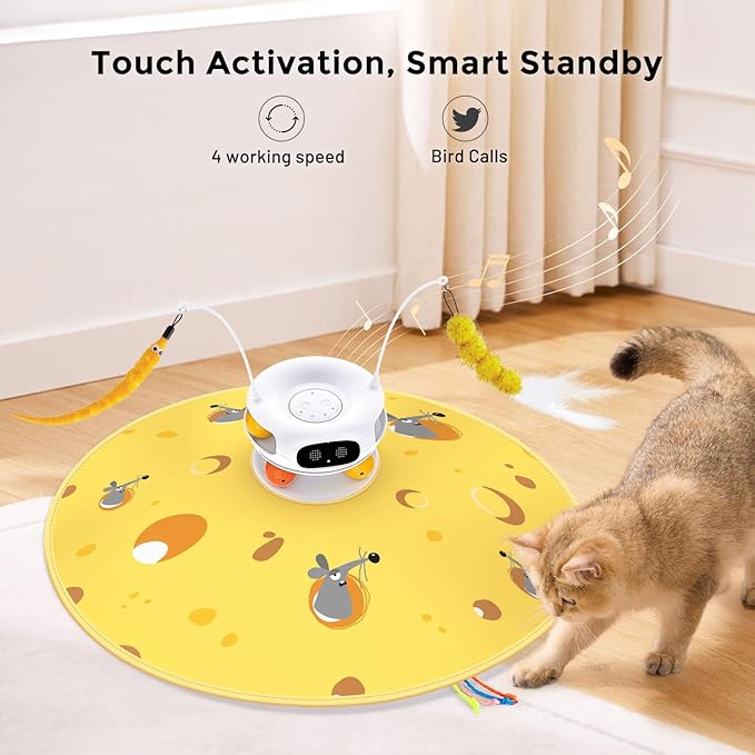 Interactive Cat Toys for Indoor Cats, 5 in 1 Hide and Seek Cat Toys with Automatic Laser and Motion Activated, Fluttering Feather & Dual Track Balls with Chirping for All Breeds, Rechargeable