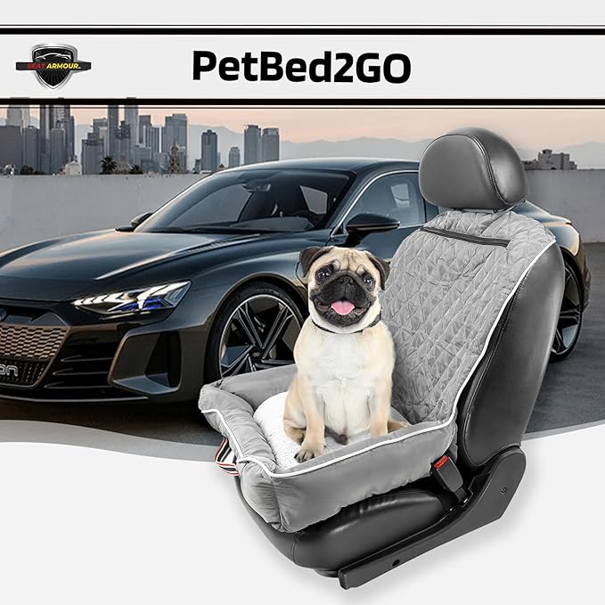 Seat Armour PetBed2Go Grey - Car Pet Bed and Seat Cover – Soft, Portable Pet Cushion for Travel – Protects Vehicle Seats from Fur, Dirt & Scratches