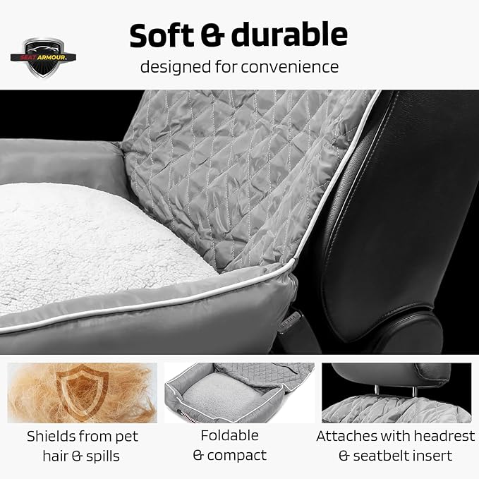 Seat Armour PetBed2Go Grey - Car Pet Bed and Seat Cover – Soft, Portable Pet Cushion for Travel – Protects Vehicle Seats from Fur, Dirt & Scratches