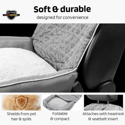 Seat Armour PetBed2Go Grey - Car Pet Bed and Seat Cover – Soft, Portable Pet Cushion for Travel – Protects Vehicle Seats from Fur, Dirt & Scratches