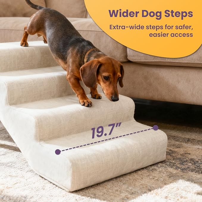 Leather Dog Stairs, 19.7" Extra Wide Dog Steps for Bed & Sofa, Adjustable Height 13.78"-17.32” Pet Ramp for Small to Large Dogs, Holds Up to 150 lbs（4-Step）