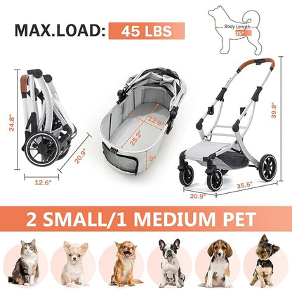 3 in 1 Pet Stroller for Small/Medium Dogs & Cats with Detachable Carrier, Storage Basket and Pet Pad, 4 Wheels Foldable Pet Travel Carrier for Car Seat & Hand Carry, Safe Outings (Grey)