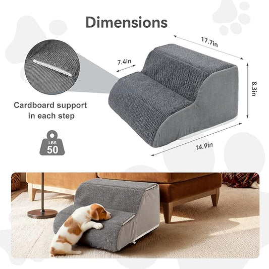2 Steps Dog Stairs for Sofas & Chairs, 8.3" Tall Pet Steps for Small to Medium Dogs & Cats, Waterproof with Removable Cover & PE Support Board for Sofa, Chair, or Stairs
