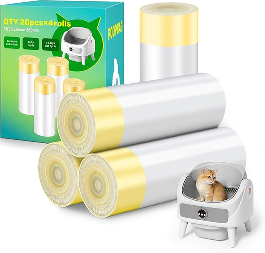 Litter Bags for Automatic Cat Litter Box, Replacement Extra Large Self-Cleaning Cat Litter Box Liners, 4 Rolls Drawstring Trash Bags for Robot, Waste Bag of 24.4×11 Inches（80 Counts/4 Packs）