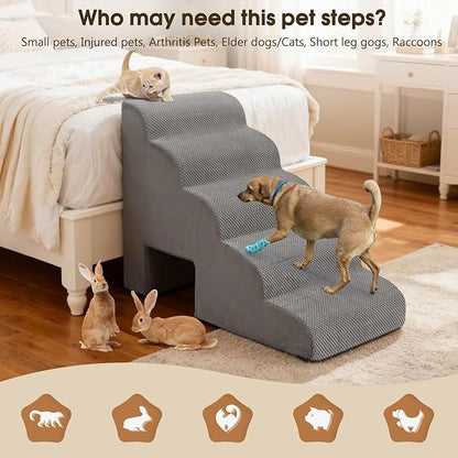 Dog Stairs for High Beds 20-24 inches Tall, 5-Step Dog Steps for Bed for Small Dogs, Doggie Ramp for Bed, 30D Foam Pet Stairs for Old Dogs/Cats for Bedsides Climbing, Free-Installation, Grey
