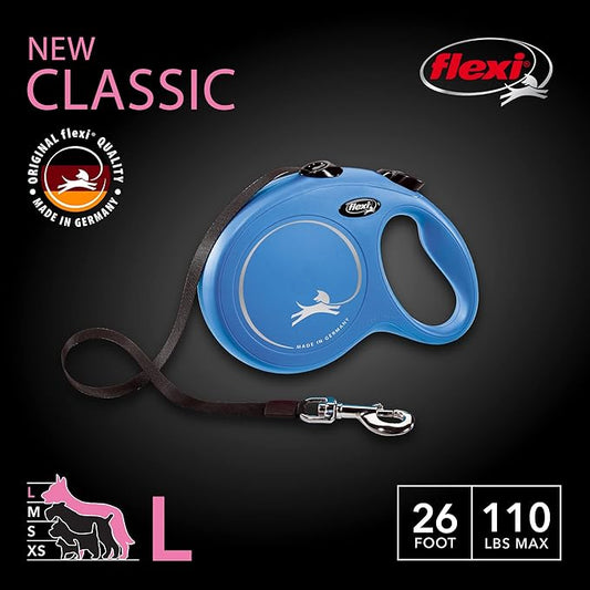 Flexi CL30T8.250.BL New Classic Tape Retractable Leash, Blue, Large/26'