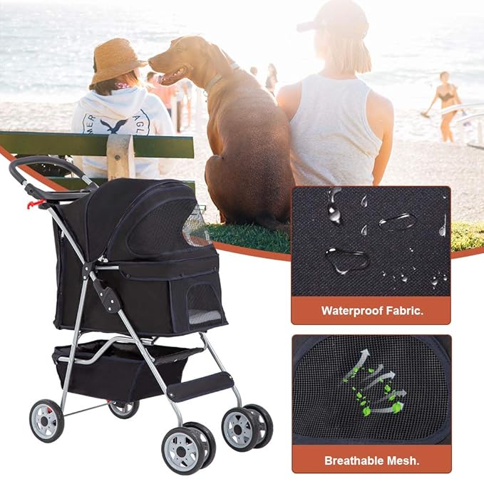 BestPet Pet Stroller Cat Dog Cage Stroller Travel Folding Carrier,Black