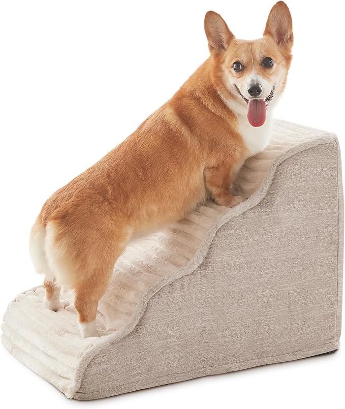 Dog Stairs for Small Dogs and Cats 18" H, High Density Support Foam Dog Steps Ramp for Bed and Couch, Pet Stairs with Non-Slip Bottom and Remove Washable Cover, 4-Step Pet Steps, Beige