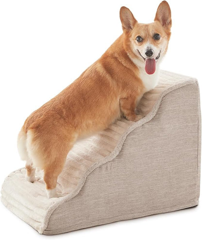 Dog Stairs for Small Dogs and Cats 18" H, High Density Support Foam Dog Steps Ramp for Bed and Couch, Pet Stairs with Non-Slip Bottom and Remove Washable Cover, 4-Step Pet Steps, Beige