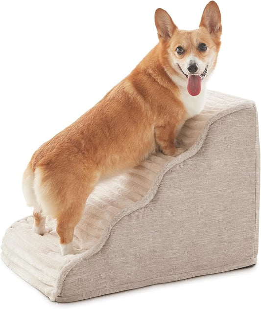 Dog Stairs for Small Dogs and Cats 18" H, High Density Support Foam Dog Steps Ramp for Bed and Couch, Pet Stairs with Non-Slip Bottom and Remove Washable Cover, 4-Step Pet Steps, Beige