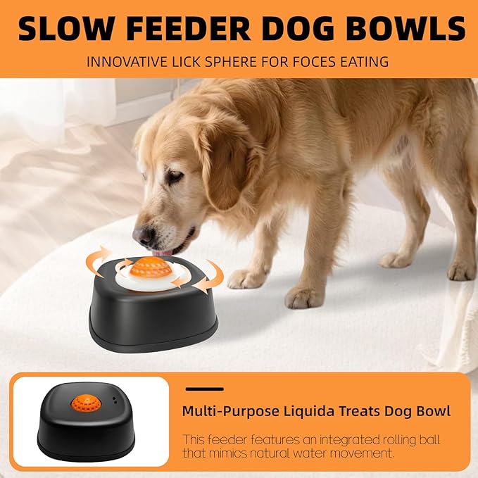 Slow Feeder Dog Bowl for Liquid Treats & Bone Broth - Anti-Slip with Interactive Obstacle Ball, 3/4 Cup Lick Bowl for Yogurt, Post-Op Nutrition, All Ages & Small Medium Large Breeds (Blue)