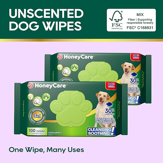 HONEY CARE Disposable Pet Wipes for Dogs & Cats – Cleansing & Soothing, Fragrance-Free, 100 Wipes for Paws, Butt & Body Cleaning