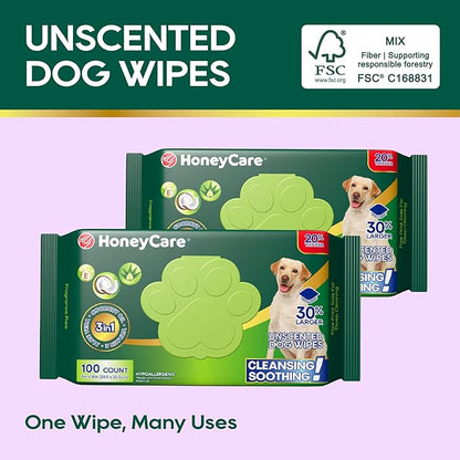 HONEY CARE Disposable Pet Wipes for Dogs & Cats – Cleansing & Soothing, Fragrance-Free, 100 Wipes for Paws, Butt & Body Cleaning