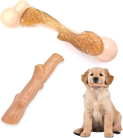 Puppy Teething Toys: Natural Puppies Chew Toys to Clean Teeth or Relieve Boredom - Suitable for Small Dogs 2-10lbs - 2 Pack Chicken Bone + Branch