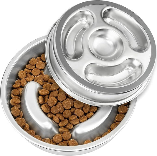 Stainless Steel Slow Feeder Dog Bowl Metal Dog Food Bowl with Non-Slip Mat for Small and Medium Sized Dogs, 2 to 4 Cups Capacity, Dishwasher-Safe, Double-Sided Design for Dry, Wet, or Raw Food