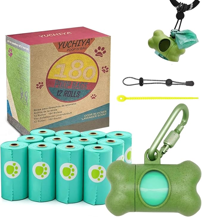 Dog Poop Pickup Bags Holder Dispenser with Leak-Proof Scented Doggy Waste Bags and Carabiner with Safety Lock Plus Hook and Loop Fastener Never Loose on Leash Lead Again (1 Holder 195 Bags, Green)