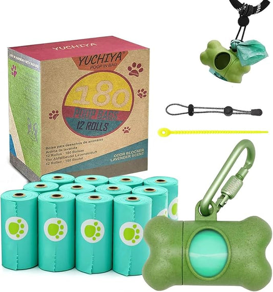 Dog Poop Pickup Bags Holder Dispenser with Leak-Proof Scented Doggy Waste Bags and Carabiner with Safety Lock Plus Hook and Loop Fastener Never Loose on Leash Lead Again (1 Holder 195 Bags, Green)