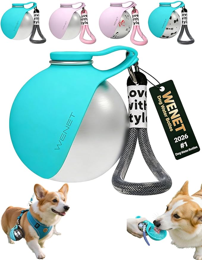2-in-1 Portable Dog Water Bottle Leak Proof Stainless Steel Foldable Pet Water Bottle with Silicone Bowl Compact Travel Water Dispenser for Dogs One-Hand Operation for Walking Camping Travel (Blue-A)