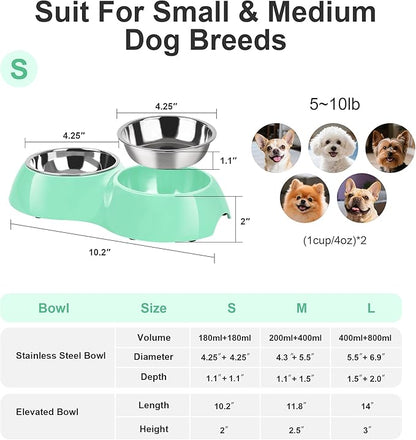 Stainless Steel Dog Bowls Set – Dual Non-Slip Pet Dishes with 2 Small (4oz*2) Bowls & Durable Resin Stand,Food & Water Feeder for Puppies, Kittens, and Small Breed Dogs - Green