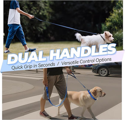 VIVAGLORY Dog Leash Twingrip Double Handle Dog Leash with Traffic Handle Control & 2 Loop for Walking & Training, Reflective Heavy Duty for Puppy Pet Collar, 5ft x 1/2in, Blue