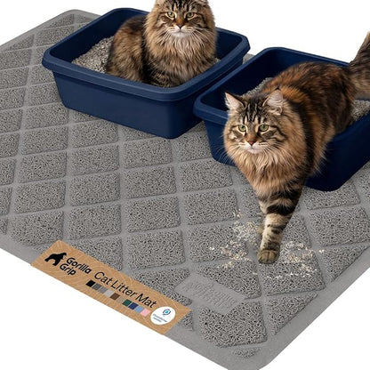 GORILLA GRIP Cat Litter Box Mat, 47x35, Cushioned Coil Mesh Litter Trapping Mats, Scatter Control Supplies for Less Mess, Phthalate Free, Ultra Deep Catch Grooves, Rinse or Vacuum to Clean, Gray