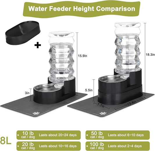 RIZZARI Gravity Water Dispenser for Dogs: 8L Raised Black Automatic Stainless Steel Waterer -Removes Odors -Softens Water -Helps Prevent Urinary Stones -Good for Spine - Senior Dogs- for Bedrooms
