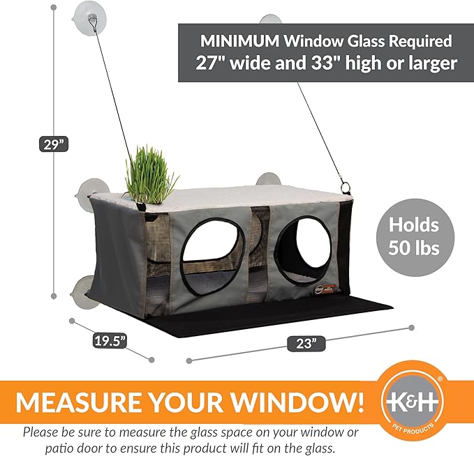 K&H Pet Products EZ Mount Cat Window Perch Penthouse Kitty Sill with Cat Grass Grow Station - 2 Level Hammock Window Bed for Indoor Pets, Home Grown Grass Toy for Bored Indoor Felines
