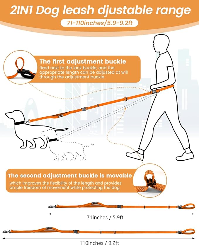 Hands Free Dog Leash, 2-in-1 Detachable Pet Seatbelt,5.9-9.2 ft Crossbody Dog Leash with Double-Sided Reflective for Walking, Hiking, Travel etc.(Orange)
