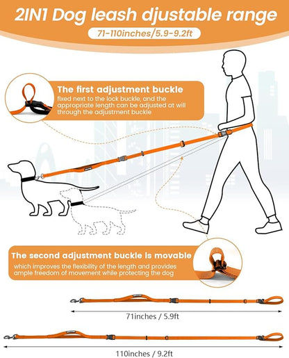 Hands Free Dog Leash, 2-in-1 Detachable Pet Seatbelt,5.9-9.2 ft Crossbody Dog Leash with Double-Sided Reflective for Walking, Hiking, Travel etc.(Orange)