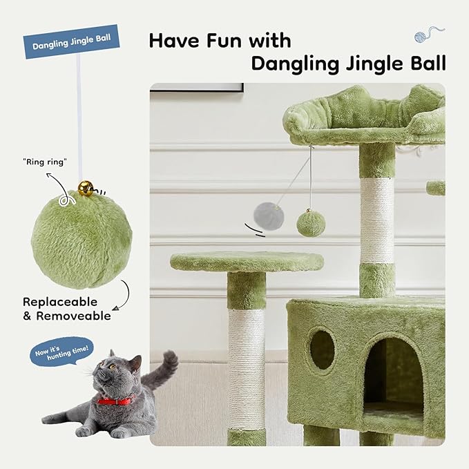 DUMOS 54-inch Indoor Cat Tree Tower –Multi-Level Pet House for Large Cats with 2 Condos, Scratching Posts, Round Platform, Small Ladder, and Toys, Green