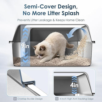 2 Pack 17.3" x13.4"x9" Stainless Steel Litter Box, Kitten Litter Box for Kittens & Small Pets, Semi-Enclosed Metal Cat Litter Box for Leak Proof, Easy-Clean Non-Stick, Odor Control