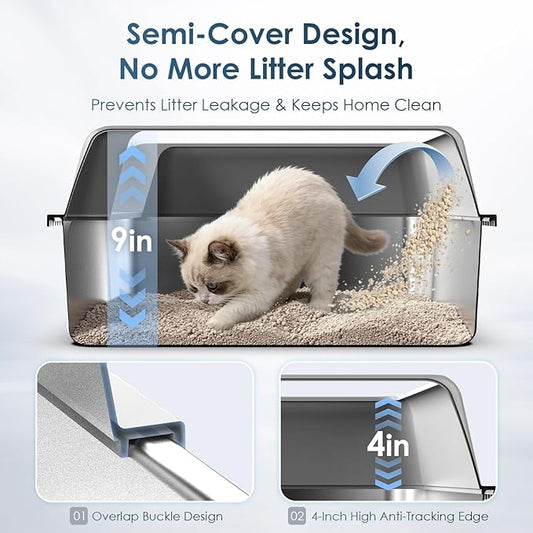 2 Pack 17.3" x13.4"x9" Stainless Steel Litter Box, Kitten Litter Box for Kittens & Small Pets, Semi-Enclosed Metal Cat Litter Box for Leak Proof, Easy-Clean Non-Stick, Odor Control