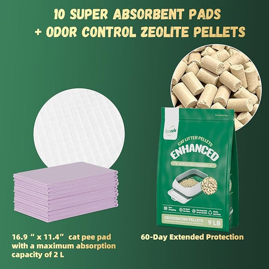 IMMCUTE Zeolite Litter Pellets, 9lb Bag Lasts 60 Days, Odor Control Cat Litter Pellets with Extra 10 Ct Pee Pads, Non Clumping Cat Litter, Low-Tracking, Unscented