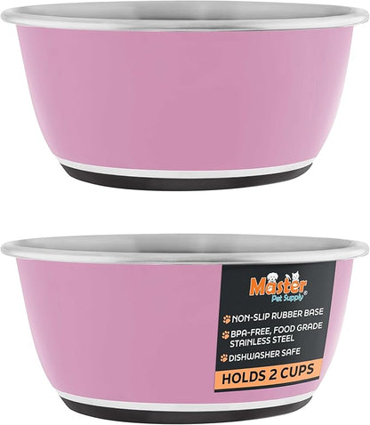 Master Pet Supply Stainless Steel Dog Bowls Set of 2 (16 Oz Each) with Non-Slip Rubber Base - Hyper Pink - Basic Dog Food Bowl Water & Food Bowls for Small Medium Large Dogs & Cats, Metal Dish