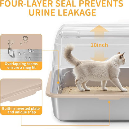 Stainless Steel Litter Box with Lid, XL Extra Large Cat Litter Box, Enclosed Metal Litter Pan with High Sided Enclosure & Scoop, Anti Leakage, Easy to Clean, Odor Control(Khaki)
