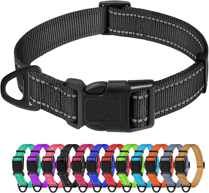 TagME Reflective Nylon Dog Collars, Adjustable Classic Pet Collar with Quick Release Buckle for Large Dogs, Black, 1.0" Width