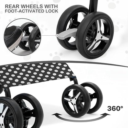 MoNiBloom 4 Wheels Pet Stroller, Easy-Fold Umbrella Shaped Dog Cat Jogger Stroller w/Storage Bag & Visible Mesh for Small/Medium Dogs Cats Black Polka Dots