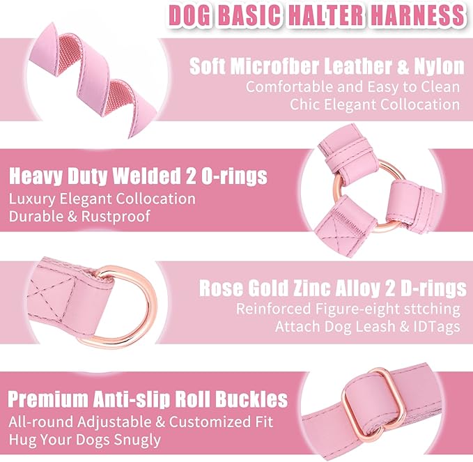 Soft Leather No Pull Dog Harness - Adjustable Step in Dog Harness with Rose Gold Heavy Duty Metal Buckle, Freedom Nylon Dog Halter Vests for Small Medium Large Dogs Easy Walking Training (Pink,XS)