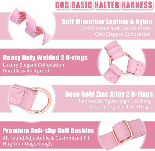 Soft Leather No Pull Dog Harness - Adjustable Step in Dog Harness with Rose Gold Heavy Duty Metal Buckle, Freedom Nylon Dog Halter Vests for Small Medium Large Dogs Easy Walking Training (Pink,XS)